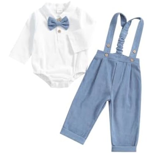 BULINGNA 2Pcs Newborn Baby Boy Fall Gentleman Outfit Romper Dress Shirt with Bowtie + Suspender Pants Formal Suit Clothes Set