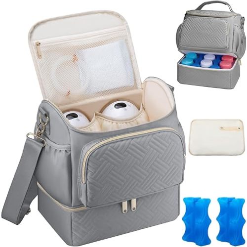 Wearable Breast Pump Bag with Cooler Compartment Compatible with Willow/Elvie/Medela/Momcozy M5/S12 Pro, Breast Milk Cooler Travel Bag with Ice Pack & Mat, Pumping Bags for Work, Grey