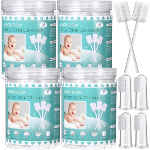 Singhoow 200 Pieces Baby Tongue Cleaner Disposable Infant Oral Cleaner with 4...