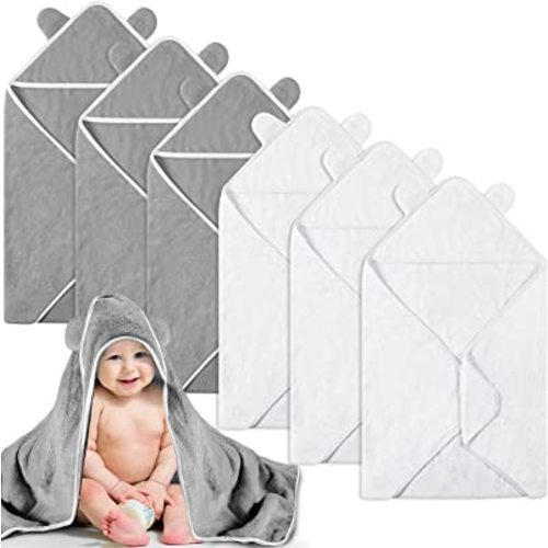 Lounsweer 6 Pieces Baby Bath Towels 30 x 30 Inch Hooded Toddler Towel Bath Blanket Absorbent Coral Fleece Hooded for Toddler Infant Newborn Shower Gift Supplies(White, Gray)
