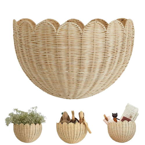 Scalloped Wall Basket,Handmade Woven Wicker Hanging Basket with Metal Frame for Wall Storage & Home Decor in Bathroom, Kitchen, Living Room