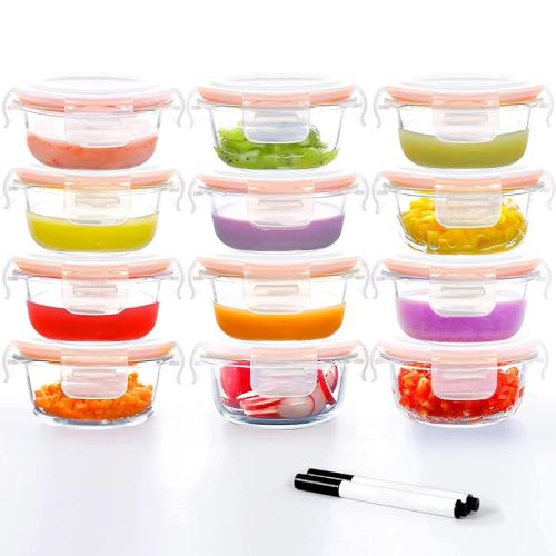 Luvan 7oz Glass Baby Food Containers, 12 Pack with Leakproof Lids, Stackable, Freezer Safe, Baby Bullet Containers for Fruit Purees and Vegetable Mashes