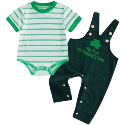 St Patricks Day Baby Boy Outfit Striped Print Short Sleeve Romper Bodysuit Overalls Pants Set Newborn Easter Outfit