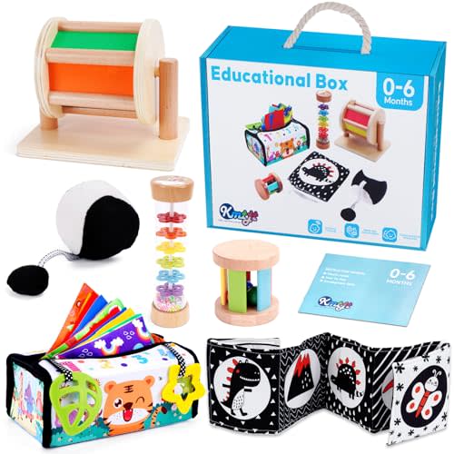 KMTJT Montessori Toys for Babies 0-6 Months | Learning Educational Wooden Sensory Toys for Baby Infant Newborn Toys 0-3-6 Months | Includes Tissue Box, Spinning Drum, Rainmaker and More
