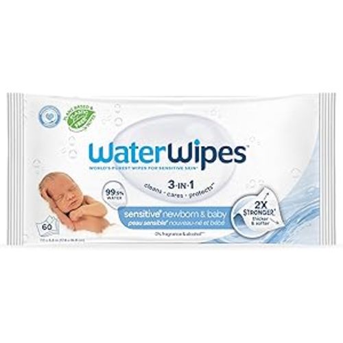 WaterWipes Sensitive+ Newborn & Baby Wipes, 3-In-1 Cleans, Cares, Protects, 99.9% Water, Unscented & Hypoallergenic, 60 Count