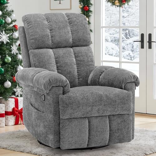 Korser Recliner Chair, Swivel Rocker Recliner Chair for Adults, Small Recliners for Small Spaces, Manual Recliner with Side Pockets, Upholstered Nursery Rocking Chair for Living Room, Chenille, Grey