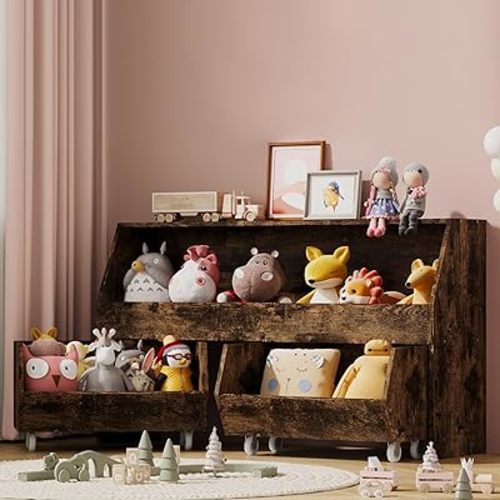 Toy Storage and Organizer for Kid, Boys and Girls Muti-Functional Bookcase and Storage Bin with Moveable Drawers, Children Toddler Storage Carbinet Retro Brown