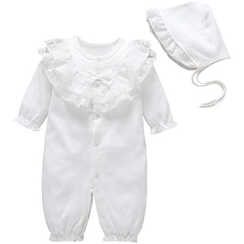 Baby Girls Cotton Romper Lace Collar Jumpsuits Long Sleeve Coveralls with Hat 2 Pieces for 0-18 Months