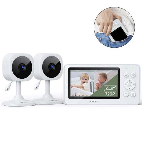 bonoch 4.3" Baby Monitor with 2 720p Video LCD Display Cameras with 23Hour Battery, VOX Mode, 2-Way Audio, Auto Night Vision