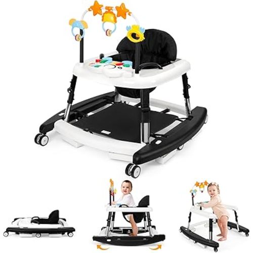5-in-1 Music and Lights Baby Walker Foldable with 5 Adjustable Heights, Baby Walker with Wheels and Bouncer Combo Portable, Infant Toddler Walker for Baby Boy Girls 6-18 Months