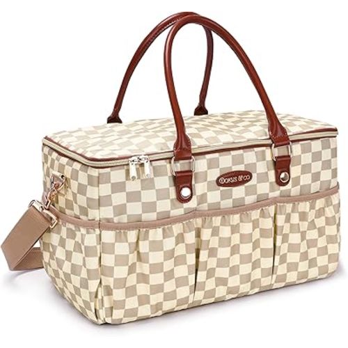 Dokus & Co Large Diaper Bag Tote with Shoulder Strap – Water-Resistant Baby Bag for Travel, Mom & Dad – Stylish Diaper Organizer with Zipper Pockets – Beige Checkered