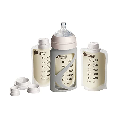Tommee Tippee Express and Go Breast Milk Starter Set, Compatible with All Leading Breast Pumps, Includes Breast-Like Nipples, 3x Milk Pouch Bottle Holders, 3x Pre-Sterilized Breastmilk Pouches and Adapter Set