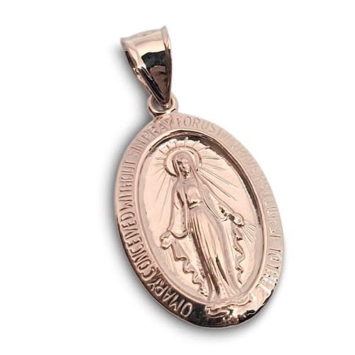 Solid 10K Rose Gold Miraculous Medal Virgin Mary Pendant, 3/4", Catholic
