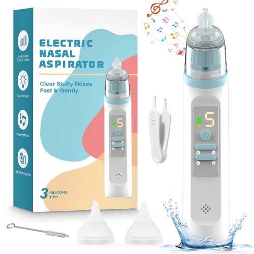 Electric Nasal Aspirator for Baby - Nose Aspirator for Toddlers, Nose Sucker with 3 Silicone Tips, 5 Adjustable Suction Levels, Music and Light Soothing Function - Baby Snot Sucker