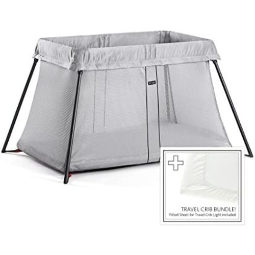 BABYBJORN Travel Crib Light - Silver + Fitted Sheet Bundle Pack