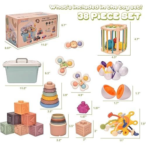 Montessoriii Toys for 1 Year Old,Baby Toys 6-12 Months,Stacking Building Blocks & Soft Infant Teething & Matching Eggs for Toddlers 6-9-12 Months,Baby Boys&Girls Gifts(7 in 1)