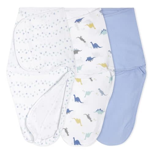 aden + anais Essentials Easy Swaddle Wrap Quick Change with Bottom Zipper, Snug Cotton Knit Baby Wrap Swaddle Blanket for Newborns, TOG 1.0, 3-Pack, Dino-Rama, 0-3 Months, Small/Medium