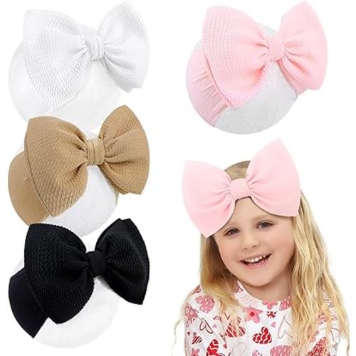 YanJie Baby Girl Headbands Nylon Hair Bows Newborn Handmade Hairbands with Bows Head Wraps for Newborn Infant Baby Toddler Girls Black White Pink