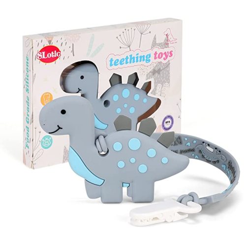 Baby Teething Toys for Babies 3-6 6-12 Months, Dinosaur Teether Pain Relief Toy with One Piece Design Pacifier Clip Holder Set, Freezer Safe Neutral Shower Gift for Boys and Girls (Grey)