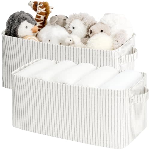 StorageWorks Narrow Storage Bins, Small baskets for Shelves, Long Narrow Storage Basket with Handles, Rectangular Fabric Storage Bins, Toilet Paper Storage, Gray and White Stripes, 2-Pack