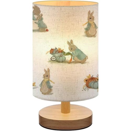 Bedside Lamp for Bedroom, seamless pattern childrens illustrations rabbit autumn pattern nursery Small Lamp, Linen Lampshade Table Lamp, Dimmable Nightstand Lamp with Woodbase for Living Room Office