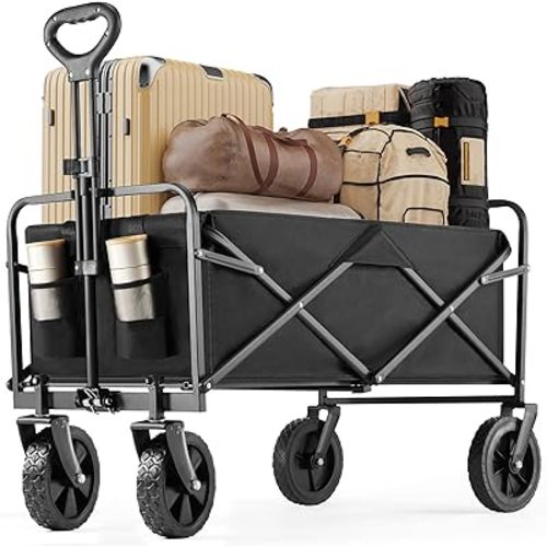 DUMOS Foldable Wagons Carts with All-Terrain Wheels, 120L & 360LBS Portable Garden Wagon Large Capacity Utility Cart with Drink Holders, Heavy Duty Collapsible for Sand, Beach, Gardening (Large Black)
