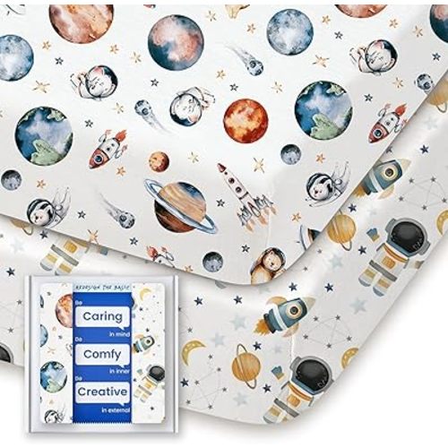 Graco Pack and Play Sheets Fitted, TotBasic Ultra Soft Mini Crib Sheets Boy, Neutral Pack N Play Mattress Sheets Hypoallergenic and Soothing, Premium Jersey Playrad Sheets, 2 Pack(Space Explorer)