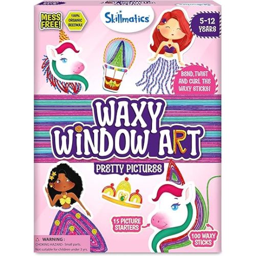 Skillmatics Waxy Window Art Kit - 100 Bendable & Reusable Waxy Sticks for Mess-Free DIY Fun, Pretty Pictures with Unicorns & Princesses, Creative Gifts for Girls & Boys Ages 5, 6, 7, 8, 9, 10, 11, 12