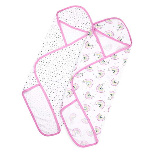 Little Star Organic Soft Infant Cotton Hooded Bath Towel Set, 2 Pack, Pink-Rainbow