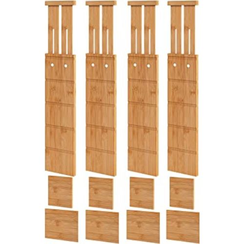 4.4" High Bamboo Drawer Dividers with Inserts, Kitchen Adjustable Drawer Organizers, Expandable Organization for Home, Office, Dressers, and Bathroom, 4 Divider with 8 Insert