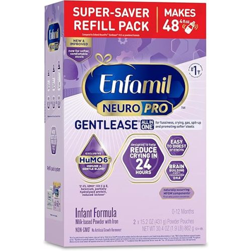 Enfamil NeuroPro Gentlease Baby Formula, Brain Building DHA, HuMO6 Immune Blend, Designed to Reduce Fussiness, Crying, Gas & Spit-up in 24 Hrs, has Prebiotics to Promote Softer Stools, Baby Milk, 30.4 Oz Refill