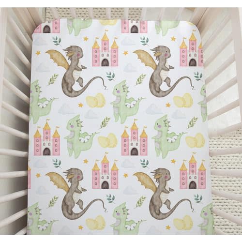 Baby Crib Sheets for Boys Girls Cute Dragon Fairytale Castle Fitted Crib Sheet for Standard Crib Mattress Cloud Moon Star Dragons Crib Mattress Cover Super Soft Nursery Bed Sheets Decor 28''×52''