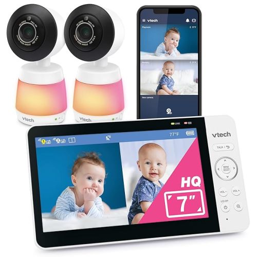 VTech Smart WiFi Baby Monitor with 2 Cameras, 1080p FHD Video, Free App with Motion Videos, Sound/Motion Alerts, 7" IPS Split‑Screen Display, Pan‑Tilt‑Zoom, Dual‑Room Monitoring – Smart HQ Max Twin