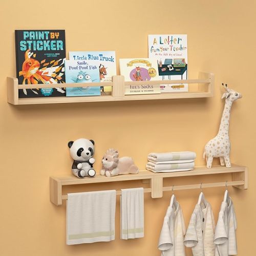 32 Inch Nursery Book Shelves, Floating Shelves Set of 2, Wall Mounted Hanging Shelves for Kids Room Wall, White Wall Shelf, Baby Book Shelves for Kids Bedroom Decor Organizer - Natural Wood