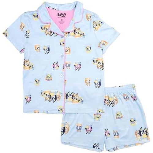 Bluey Girls' 2-Piece Loose-fit Button Down Pajama Set, Soft & Cute for Kids