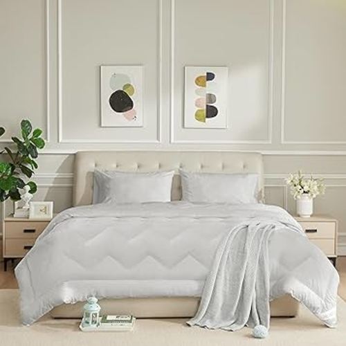 Twin Size Duvet Insert - All Season 100% Cotton Comforter - Quilted Fluffy Down Alternative Duvet Insert - Light Gray - Soft Breathable & Lightweight with 4 Corner Tabs