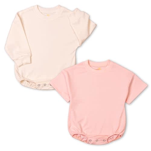 KOLNAMDINH Baby Girl Romper Set 2-Pack Cotton Bodysuits, Long Sleeve & Short Plain Outfit, Newborn Infant Outfit for Girls