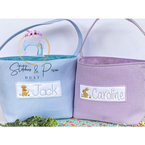 Kids Easter Basket/Personalized Embroidered Easter Bucket/Monogrammed Easter/Seersucker Easter Tote/Easter Egg Hunt/Purple, Pink, Blue