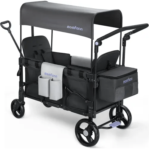 Double Stroller Wagon for Kids, Baby Wagon Stroller with Adjustable Handle for Toddler Includes Canopy & Organizer, Foldable and Convenient for Storage, Gray
