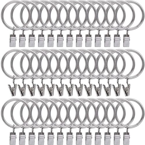 44 Pack Curtain Rings with Clips Hooks, Silver Drapery Clips with Rings Stainless Steel Metal 1.5 inch Curtain Hangers Clips, Fits Diameter 1.2 inch Rod, Silver