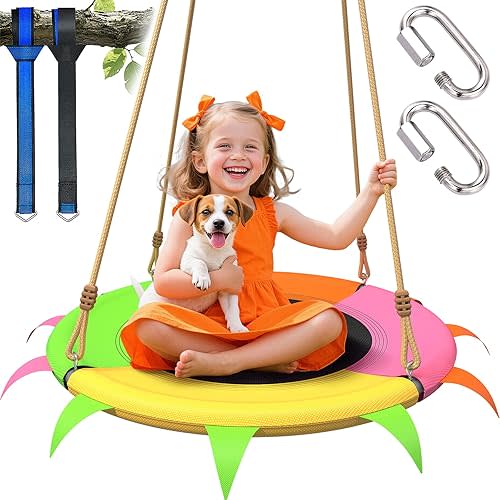 Saucer Swing for Kids Outdoor - 400lb Heavy-Duty Tree Swing with Adjustable Straps & Ropes, Weather-Resistant Outdoor Seat (Child-Safe, Vibrant Colors)
