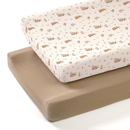 lulumoon Muslin Changing Pad Cover: 2-Pack Soft Breathable Cotton Boho Bunny Print for Baby Boys Girls - Nursery & Baby Shower