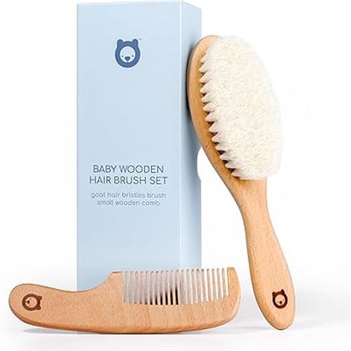 Wooden Hair Brush & Comb Set for Newborns & Toddlers - Ultra Soft Natural Goat Hair and Wood - Chic Gift Box (Oval Brush + Comb)