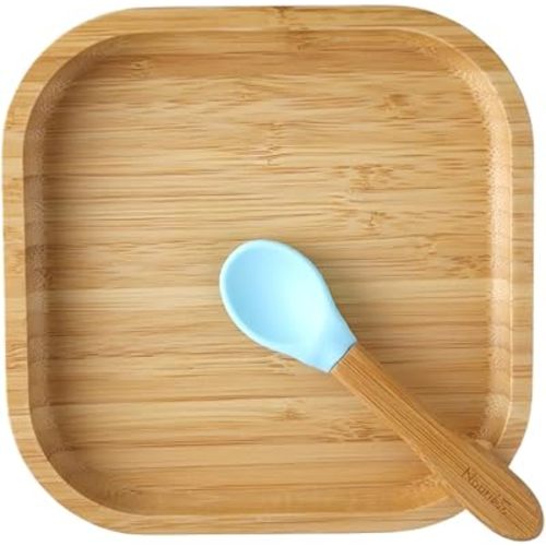 Bamboo Suction Square Plate and Spoon Set for Baby/Toddler, 6 months+ (Aqua)