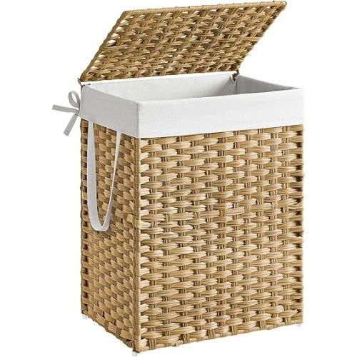 SONGMICS Laundry Hamper with Lid, 23.8 Gallon (90 L) Synthetic Rattan Clothes Laundry Basket with Lid and Handles, Foldable, Removable Liner, Goose Yellow ULCB51NL