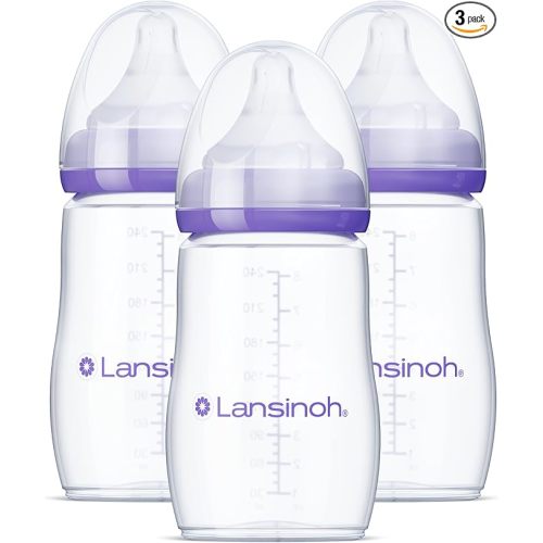 Lansinoh Anti-Colic Baby Bottles for Breastfeeding Babies, 8 Ounces, 3 Count, Includes 3 Medium Flow Nipples, Size M