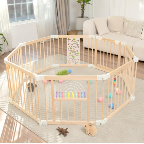 Foldable Wooden Baby Playpen Activity Center,Adjustable Size & Shape Portable Play Yard, Baby Fence Play Area with Gate for Indoor Use for Babies and Toddlers(56x56x24inches)
