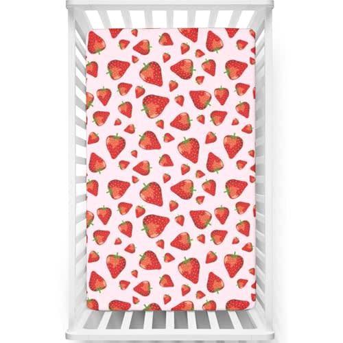 Strawberry Themed Fitted Crib Sheet,Standard Crib Mattress Fitted Sheet Toddler Bed Mattress Sheets,for Crib Mattress or Toddler Bed,28“ x52“,Lime Green Vermilion Rose