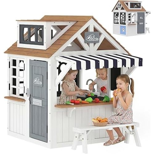 Qaba Outdoor Playhouse, Wooden Kids Playhouse with Dog Door, Kids Cottage with Cookware, Blackboard, Bench, Doorbell for Backyard Garden, Indoor Playroom Imaginative Play for Ages 2+, White
