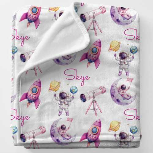 SPACE Girl Name Blanket, Personalized Outer Space Gift Blanket, Custom Astronaut Gift For Birthday Girl, Pink Space Rocket For Babygirl